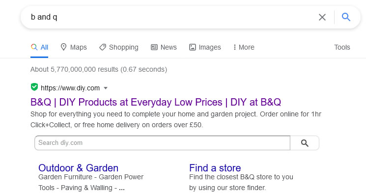 B&Q search exact match domain