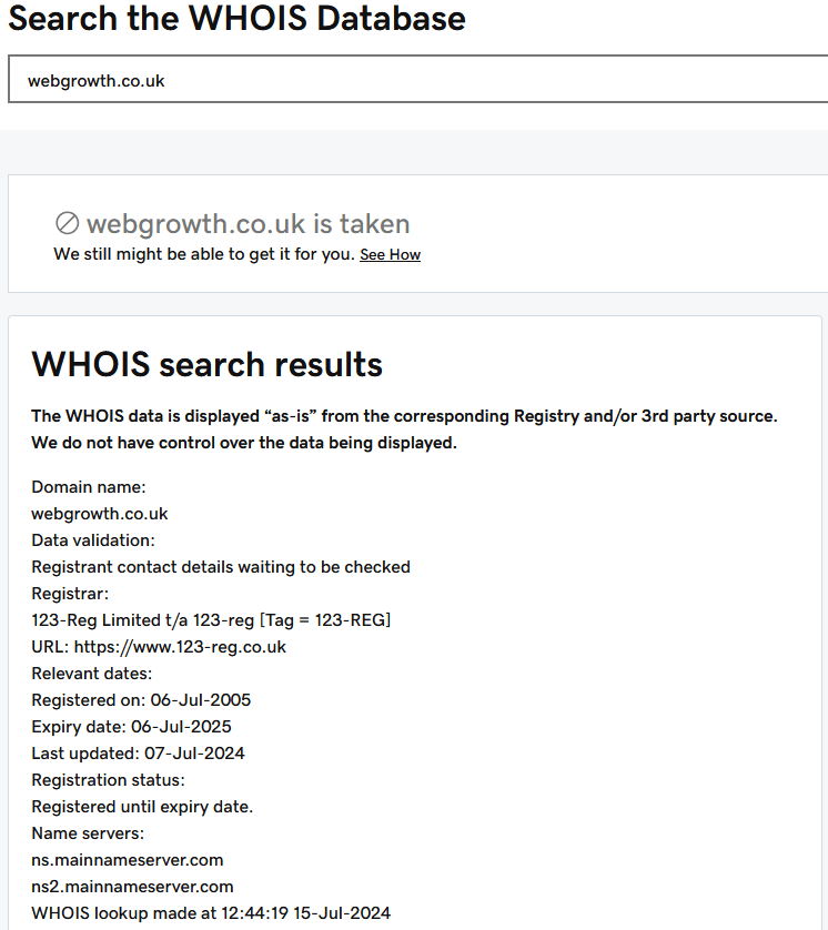 WHOIS search results webgrowth.co.uk